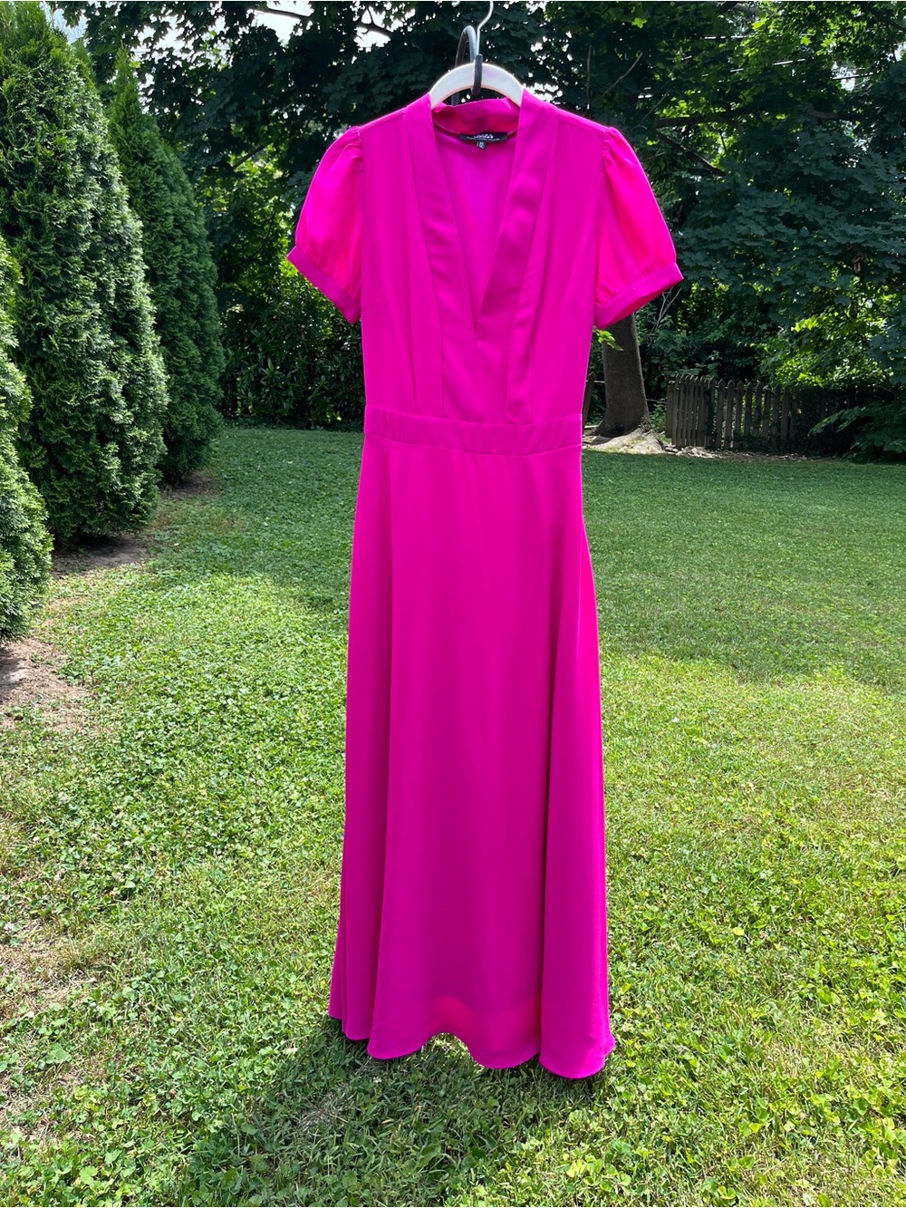 Lulu's Fuschis Hot Pink Stunning Maxi Dress with V-Neck & Puff Sleeves. Back tie